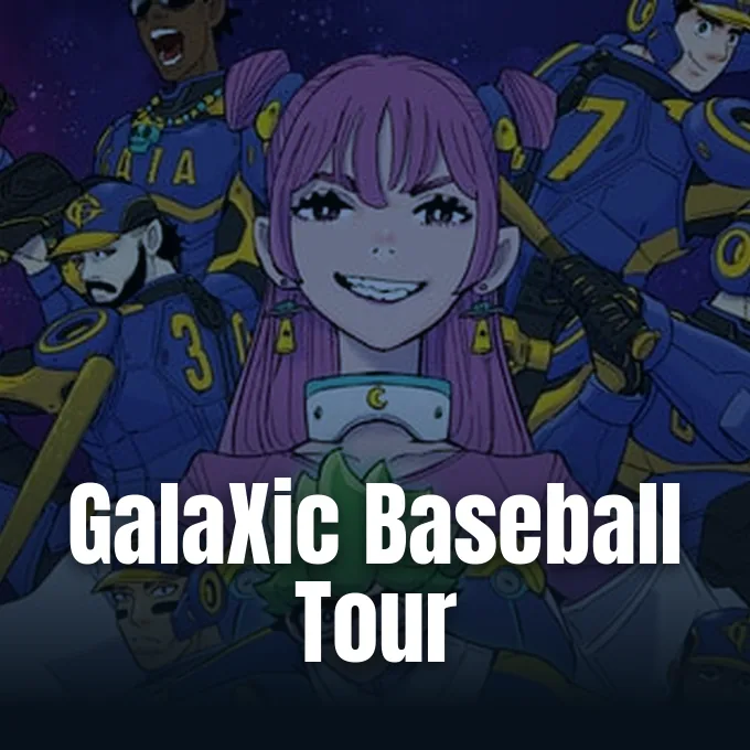 Anime characters in futuristic baseball gear surrounding a pink-haired woman smiling at the viewer.