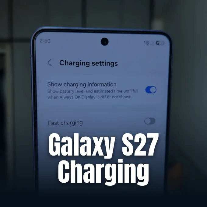 A Samsung smartphone displaying the battery and charging settings menu on its illuminated screen.