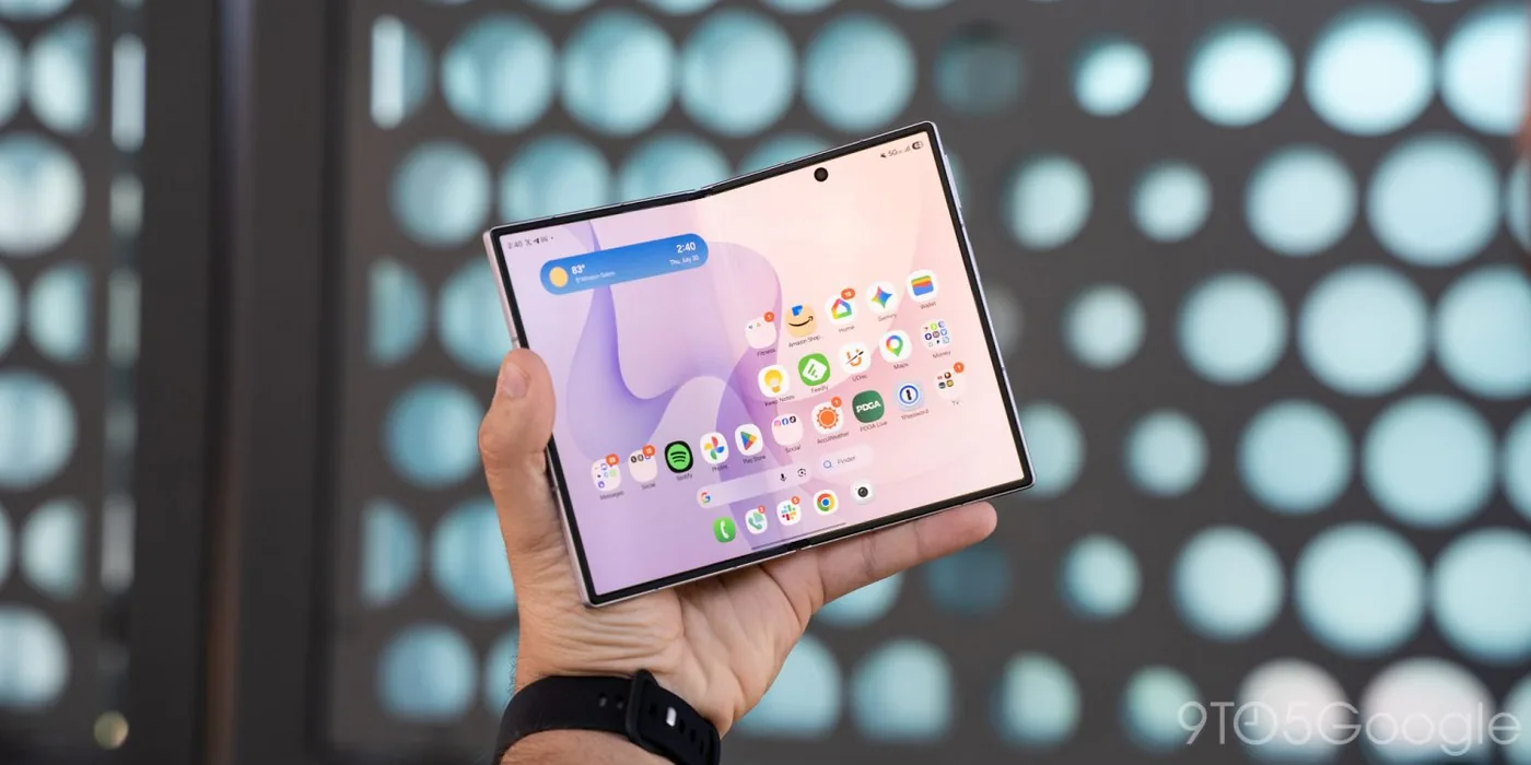 Samsung Galaxy Z Fold 8 unfolded on a table showcasing its slim hinge design.