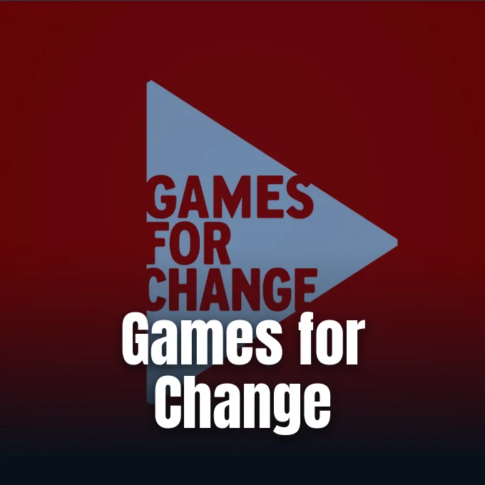 The Games for Change triangular logo displayed with red typography against a solid crimson background