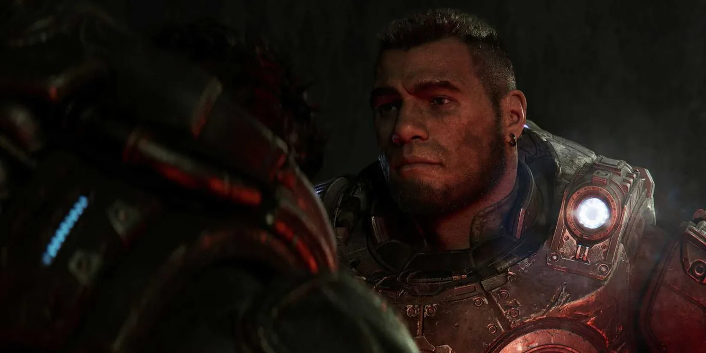 Dom Santiago looking determined during a cinematic sequence in Gears of War: E-Day.