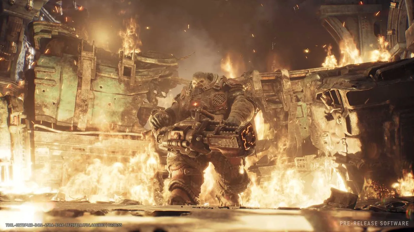A heavily armored Boomer creature standing in a ruined city in Gears of War: E-Day.