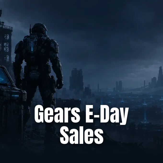A soldier in futuristic armor overlooks a dark, sprawling ruined cityscape at dusk.