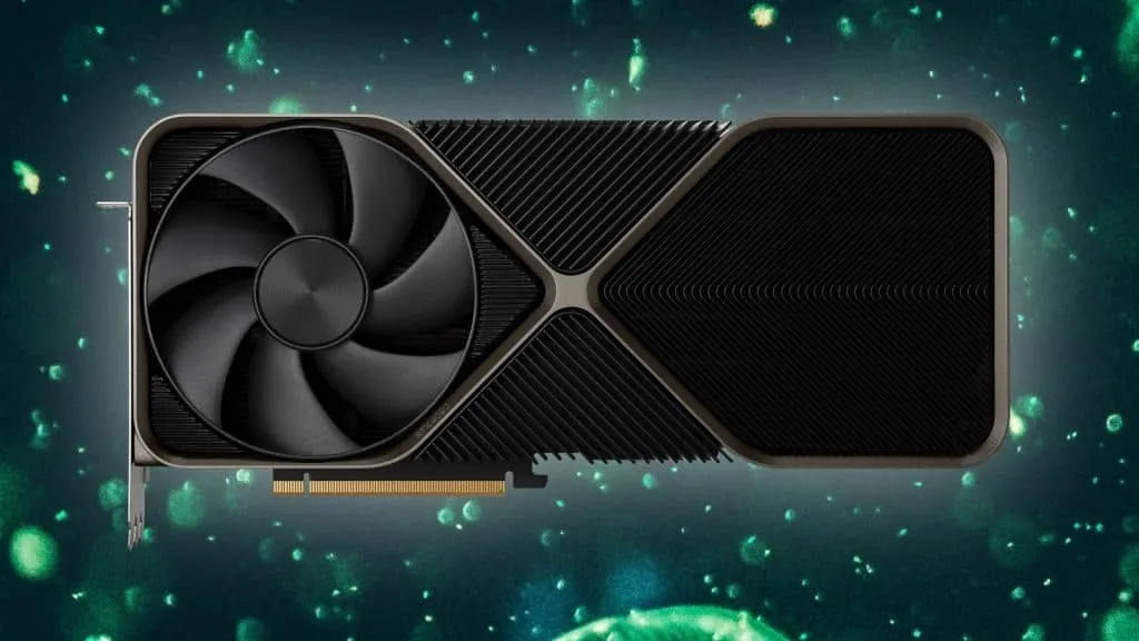 Nvidia GeForce RTX 5090 graphics card hardware presented on a green background.