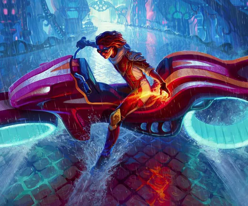 Artwork depicting the Akira slide bike motif from Magic: The Gathering Aetherdrift.