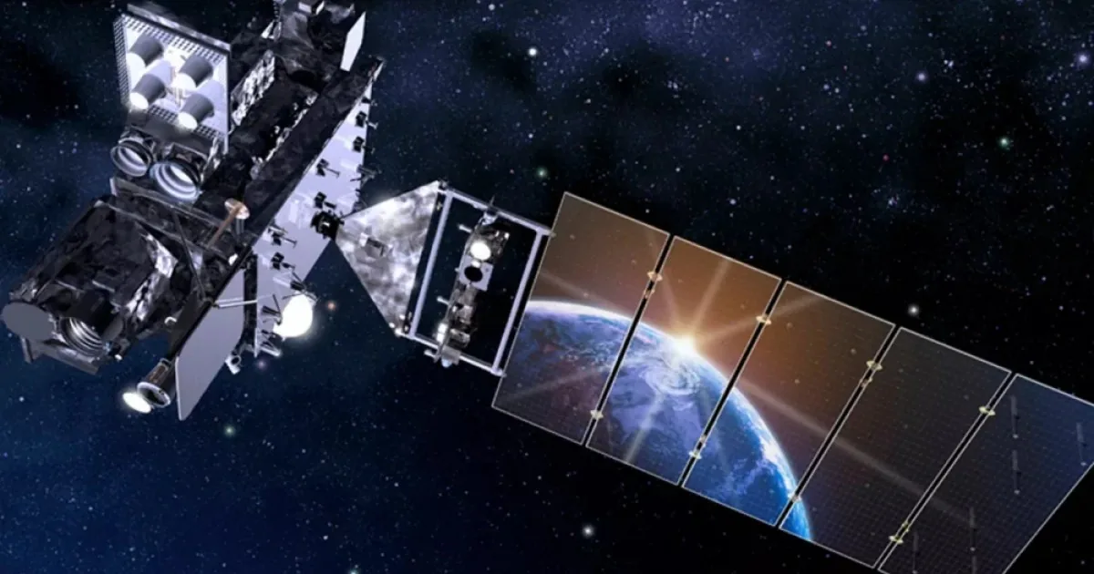 Illustration of an advanced GOES series weather satellite in geostationary orbit above Earth.