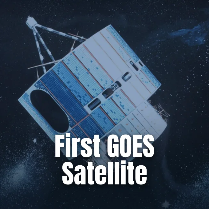 An illustration of the first GOES weather satellite orbiting in outer space against stars.