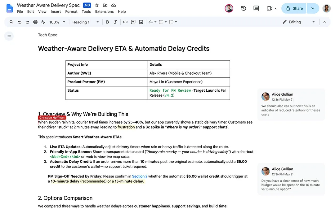 Google Docs interface displaying native Markdown formatting and document preview