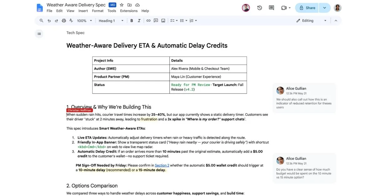 Google Drive interface displaying native Markdown preview with structured tables and links