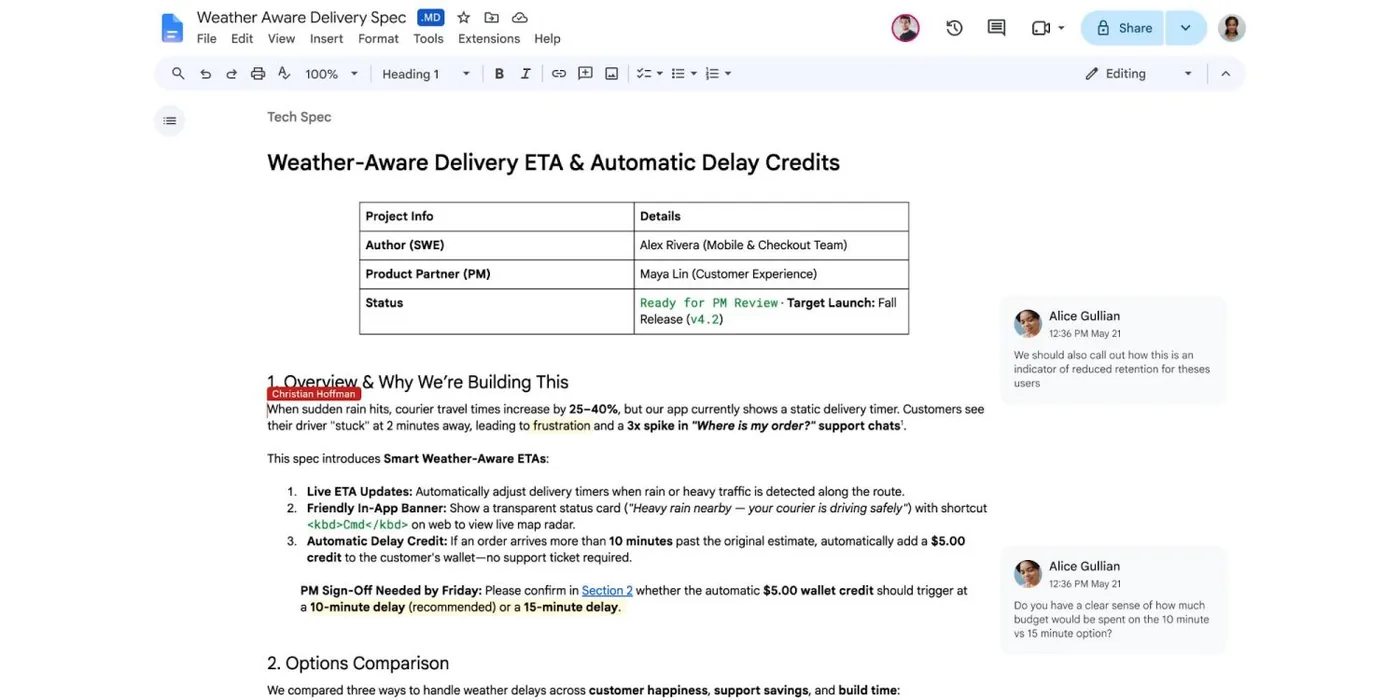 Google Drive and Docs file interface displaying a rendered Markdown document