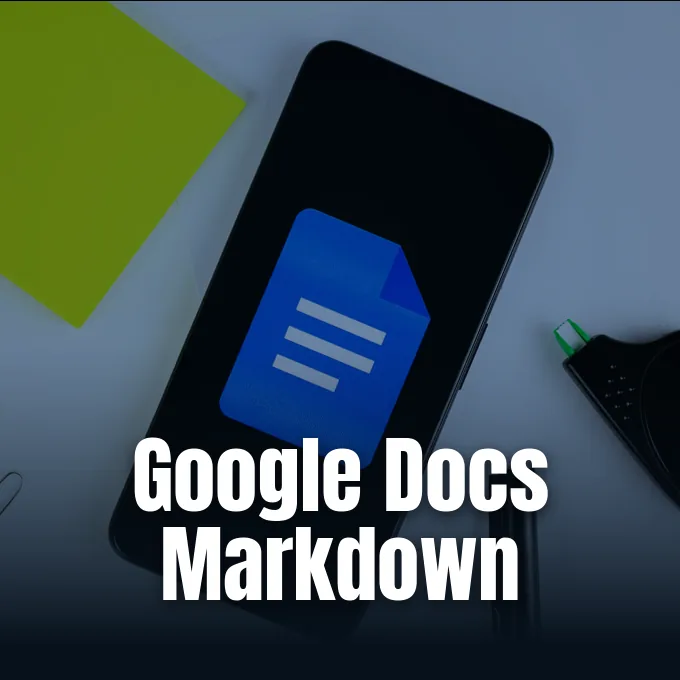 A smartphone displaying the Google Docs logo resting on a desk beside stationery items.