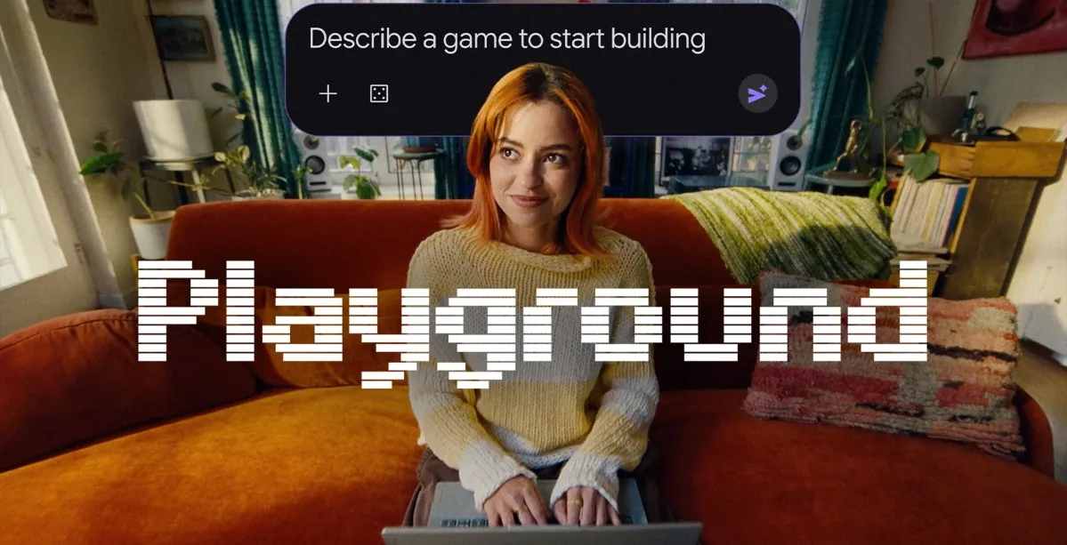 Promotional artwork for Google Playground illustrating the prompt-based game creation environment.