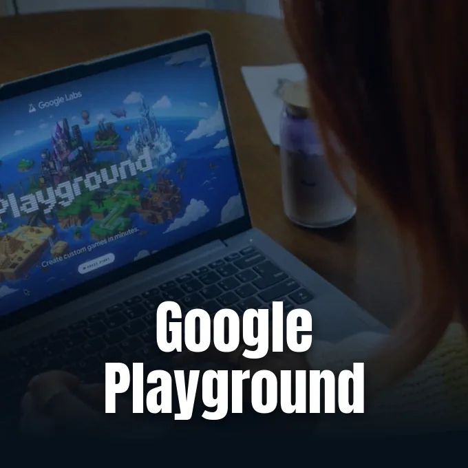 A woman looks at a laptop screen displaying the Google Playground experimental game creation website.