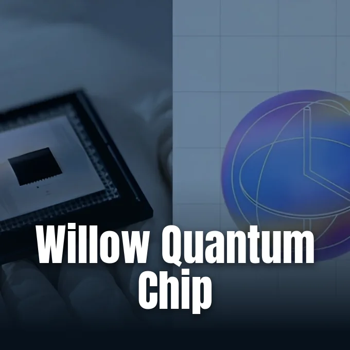 A quantum processor chip positioned beside a geometric sphere illustration representing quantum states on a grid.