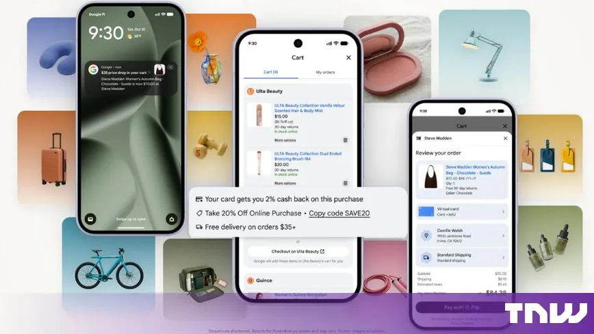 Mobile interface displaying Google Universal Cart items from multiple online stores.