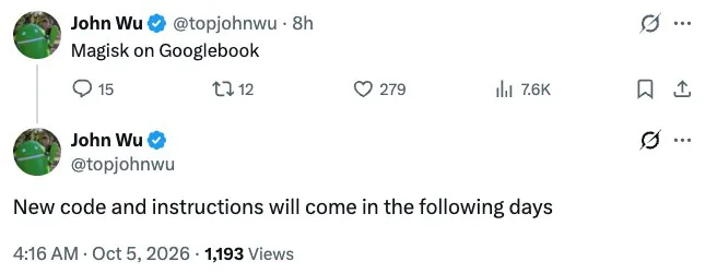 A social post by developer John Wu regarding upcoming Magisk support on Googlebook.
