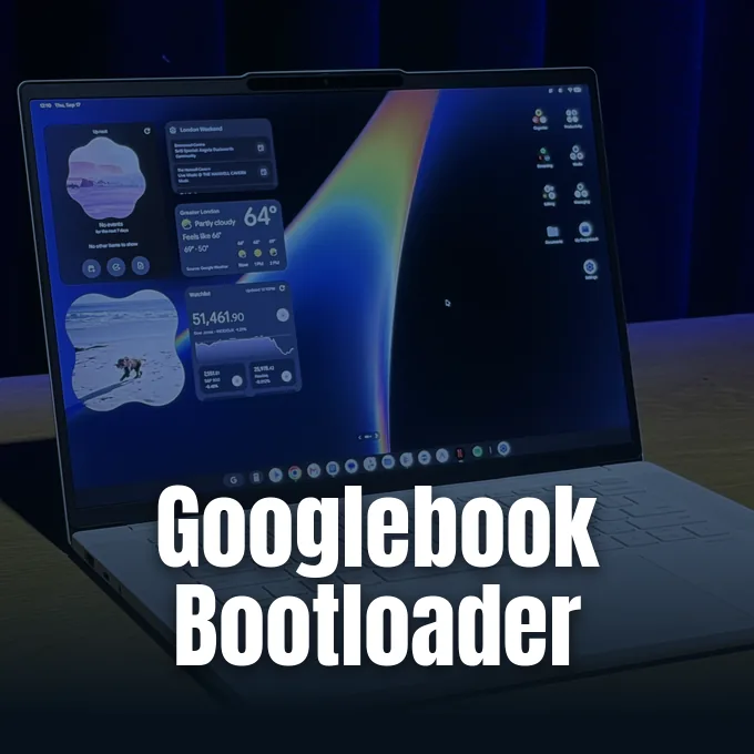 A Googlebook laptop open on a desk showing its display and desktop operating system interface.