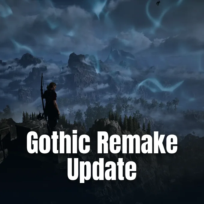 A warrior stands on a cliff overlooking a foggy mountain valley under a dark magical sky.