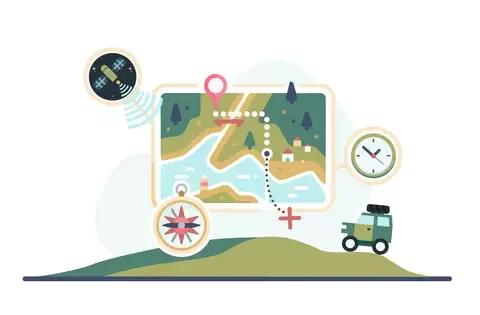 Diagram illustrating how gps technology coordinates positioning, navigation, and timing services across land terrain.