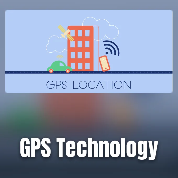 A flat graphic illustration featuring an orange building, a green car, and a satellite icon.