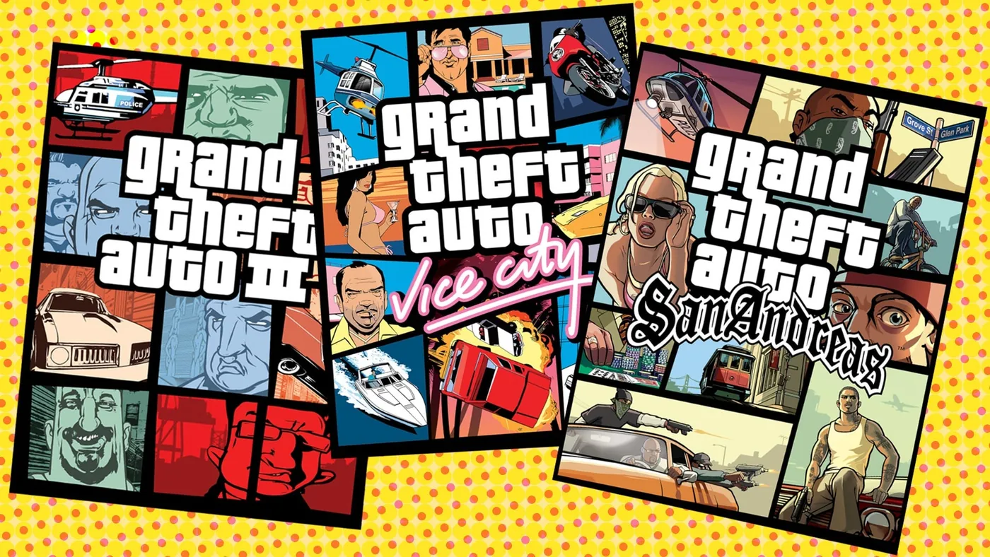 Segmented cover art for Grand Theft Auto 3 featuring character illustrations and vehicles.