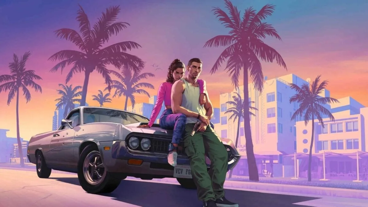 Promotional artwork for Grand Theft Auto 6 showcasing characters in Vice City.
