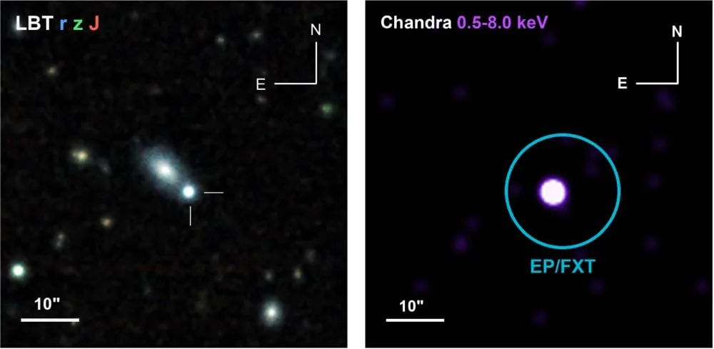 Comparative telescope imagery featuring optical data from Large Binocular Telescope alongside Chandra X-ray observations