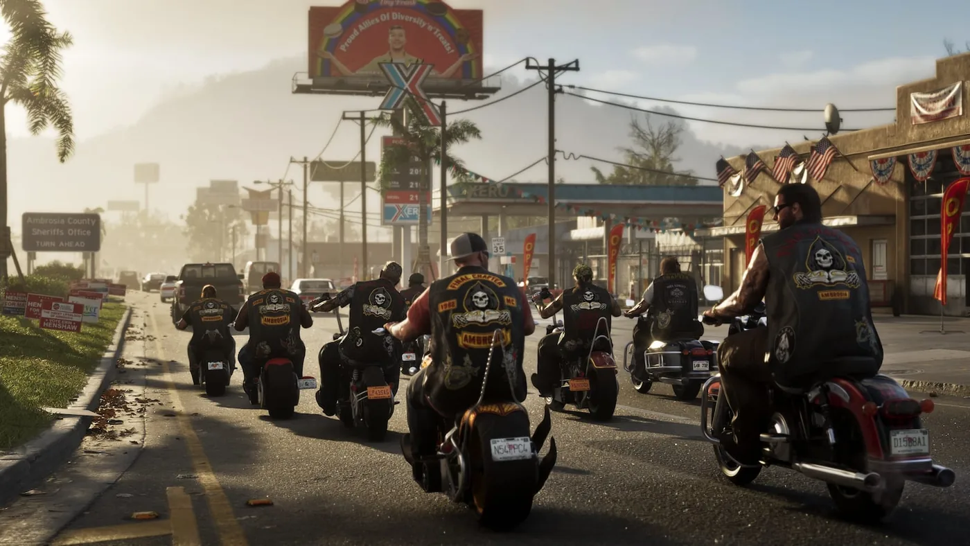 A campaign sign positioned beside bikers in GTA 6 within the fictional state of Leonida.