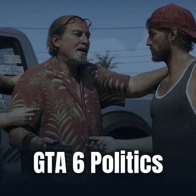 Two men having a conversation outdoors next to a vehicle in Grand Theft Auto VI.