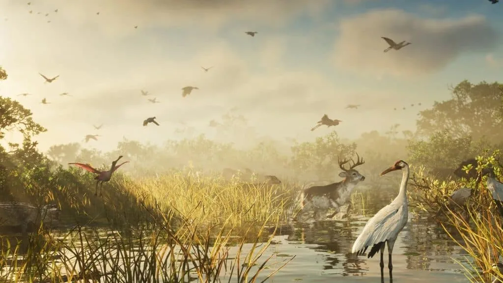 Screenshot of wildlife in the wetlands representing rural Leonida inspired by the Everglades.