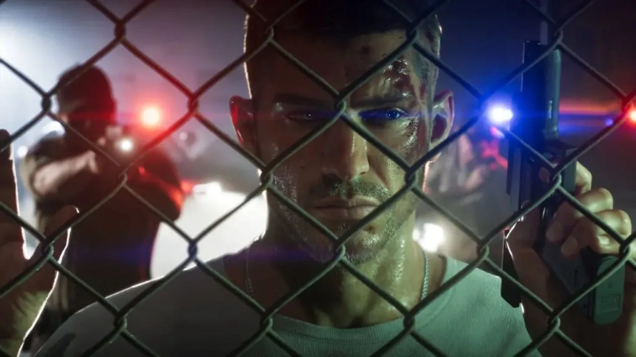 Promotional GTA 6 research image showing protagonist Jason facing police officers in Vice City.
