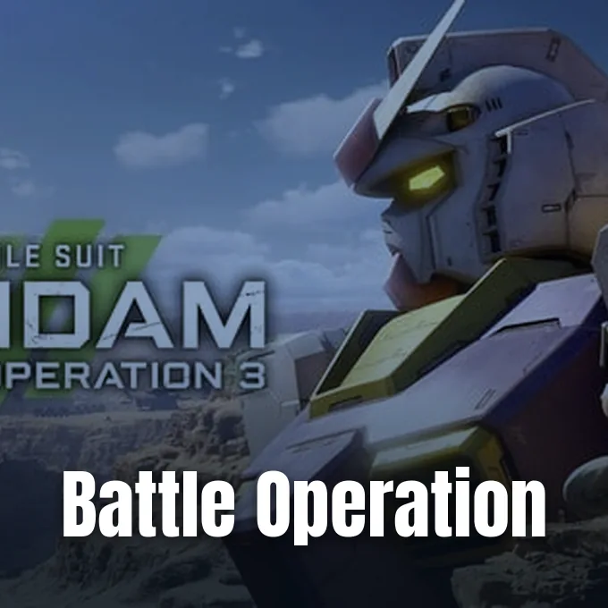 A giant Gundam mobile suit standing against a blue sky with rugged terrain below.