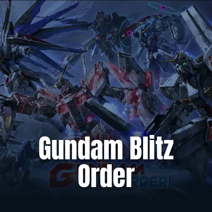Key visual illustration featuring multiple mobile suits clashing together in dramatic tactical combat from Gundam Blitz Order.