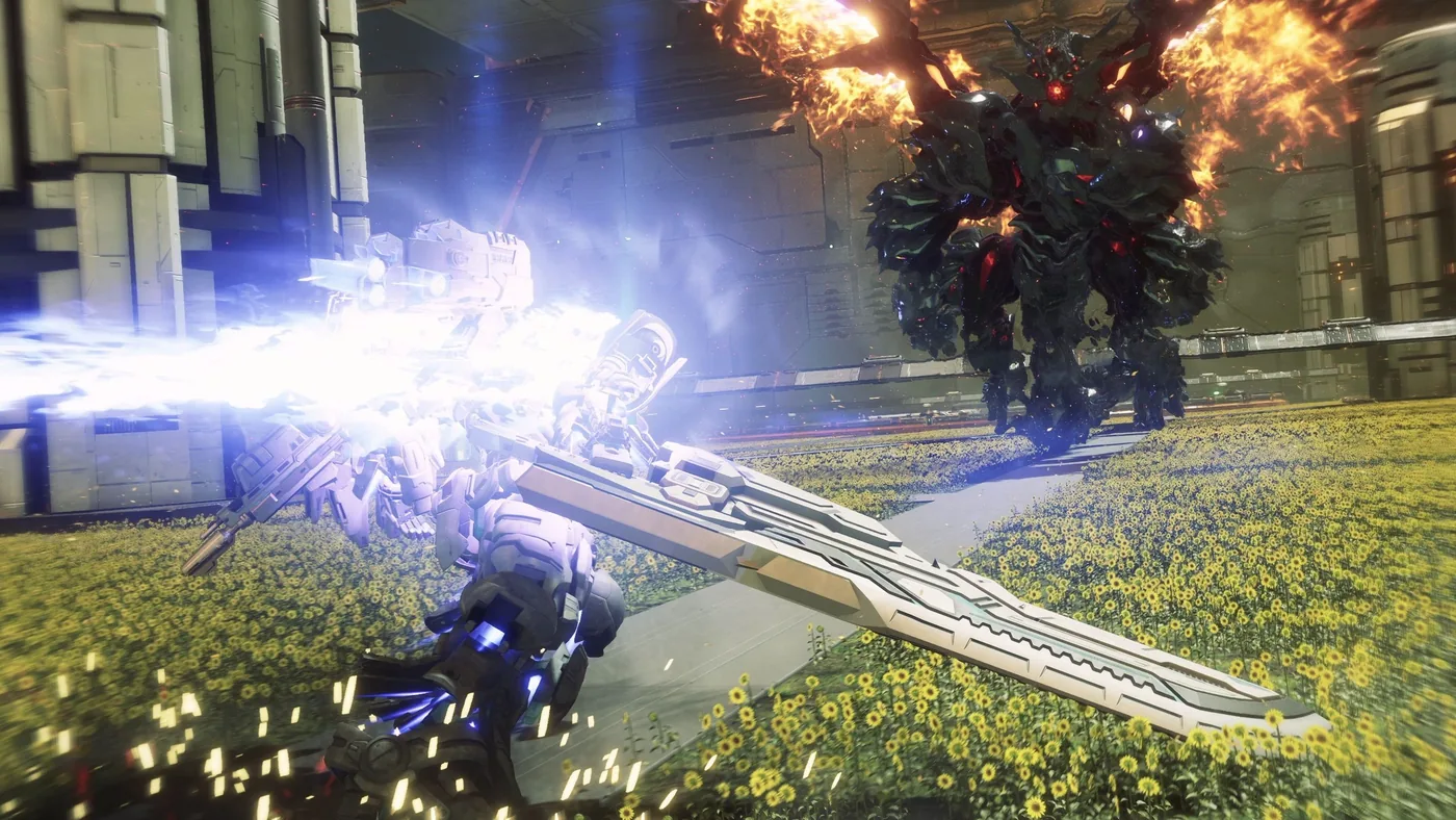 A mech wielding an energy blade dashes against a mechanized opponent in a field of sunflowers.