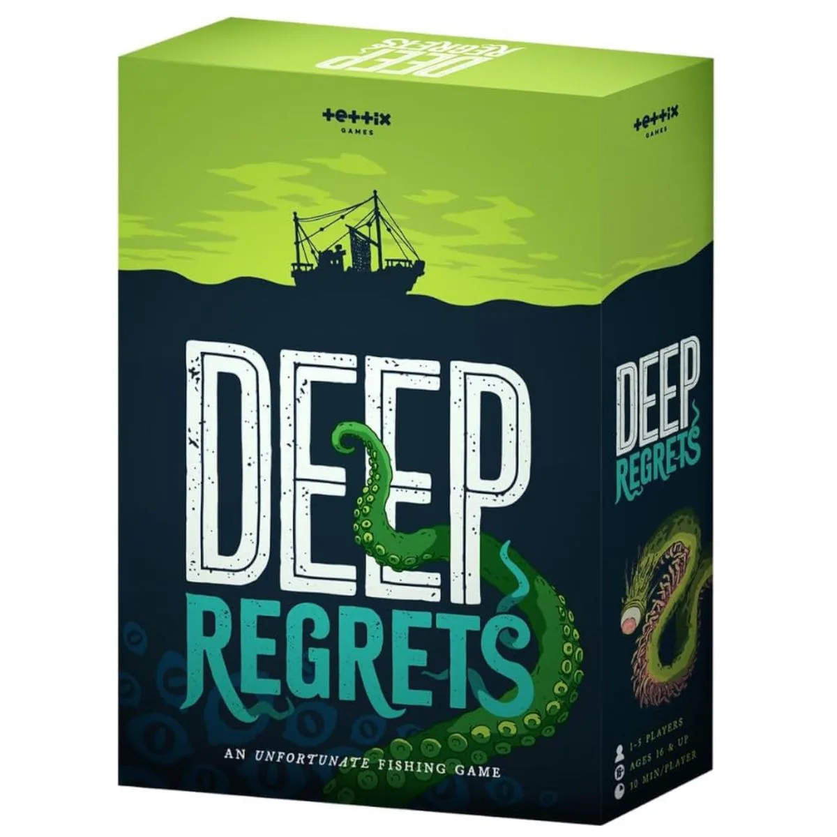 Deep Regrets horror comedy fishing board game packaging.