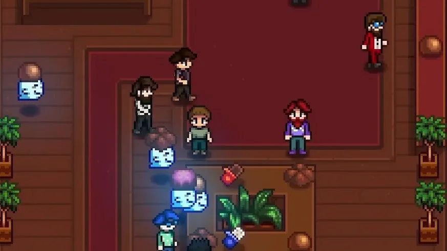 Haunted Chocolatier chocolate shop scene with pixelated ghosts and humans