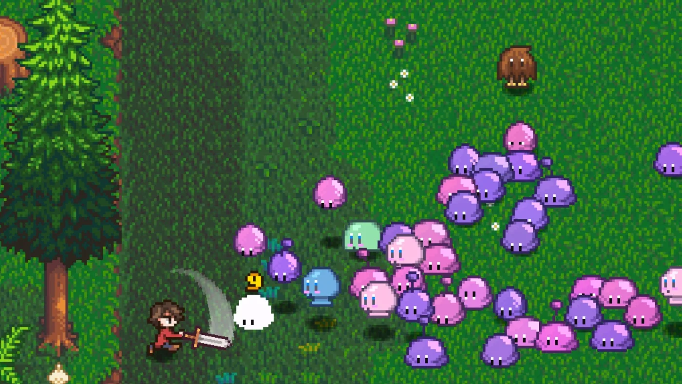 Pixel protagonist swinging a sword at a horde of purple blobs
