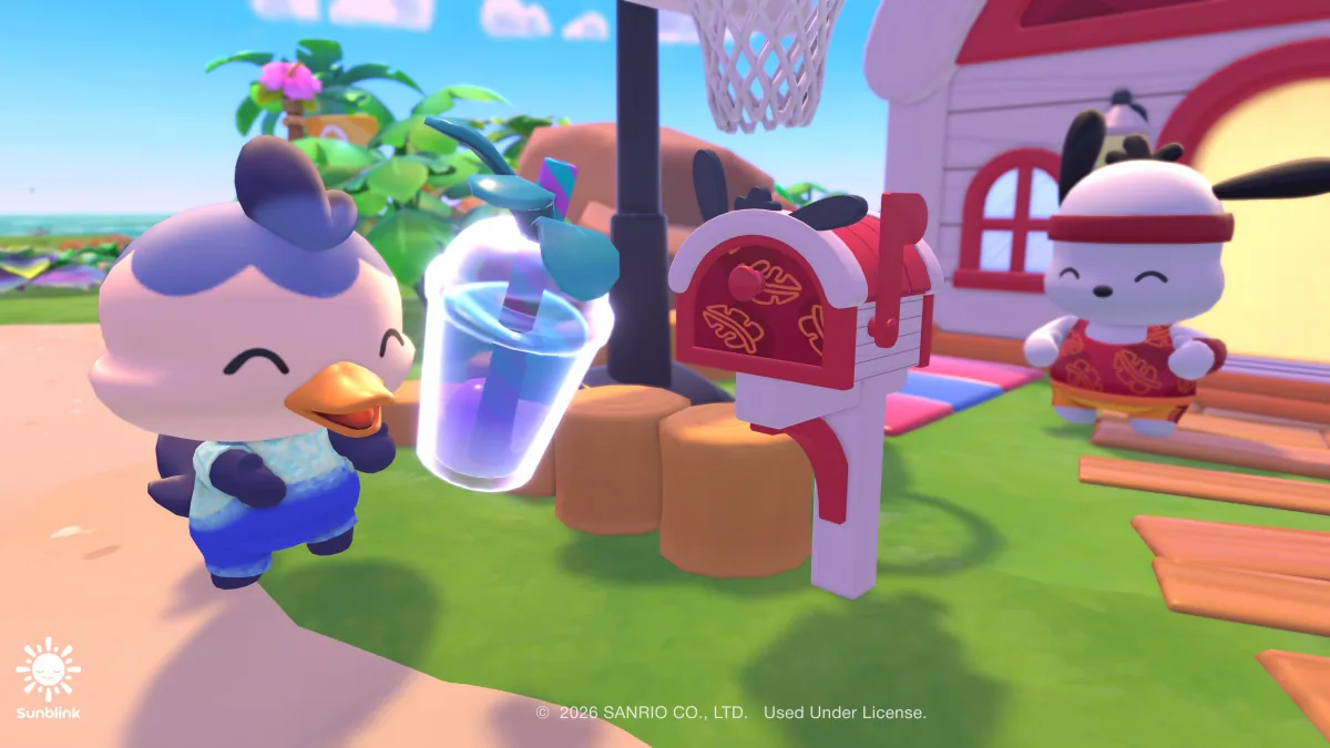Pochacco standing beside a cabin mailbox in Hello Kitty Island Adventure.