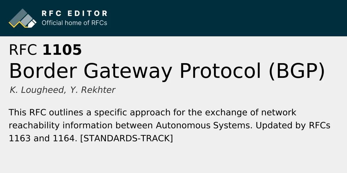 RFC 1105 title banner for the first Border Gateway Protocol specification