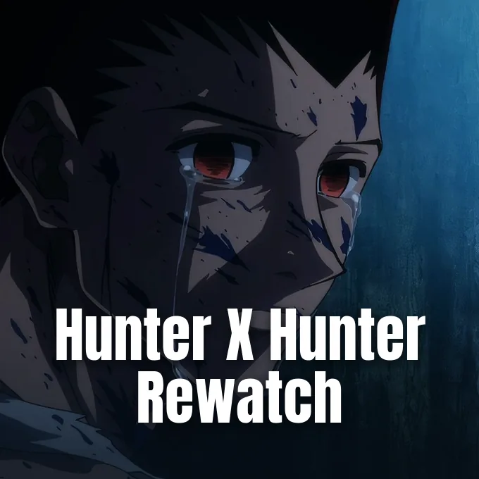 An emotional close-up of anime character Gon Freecss with tears streaming down his bruised face.