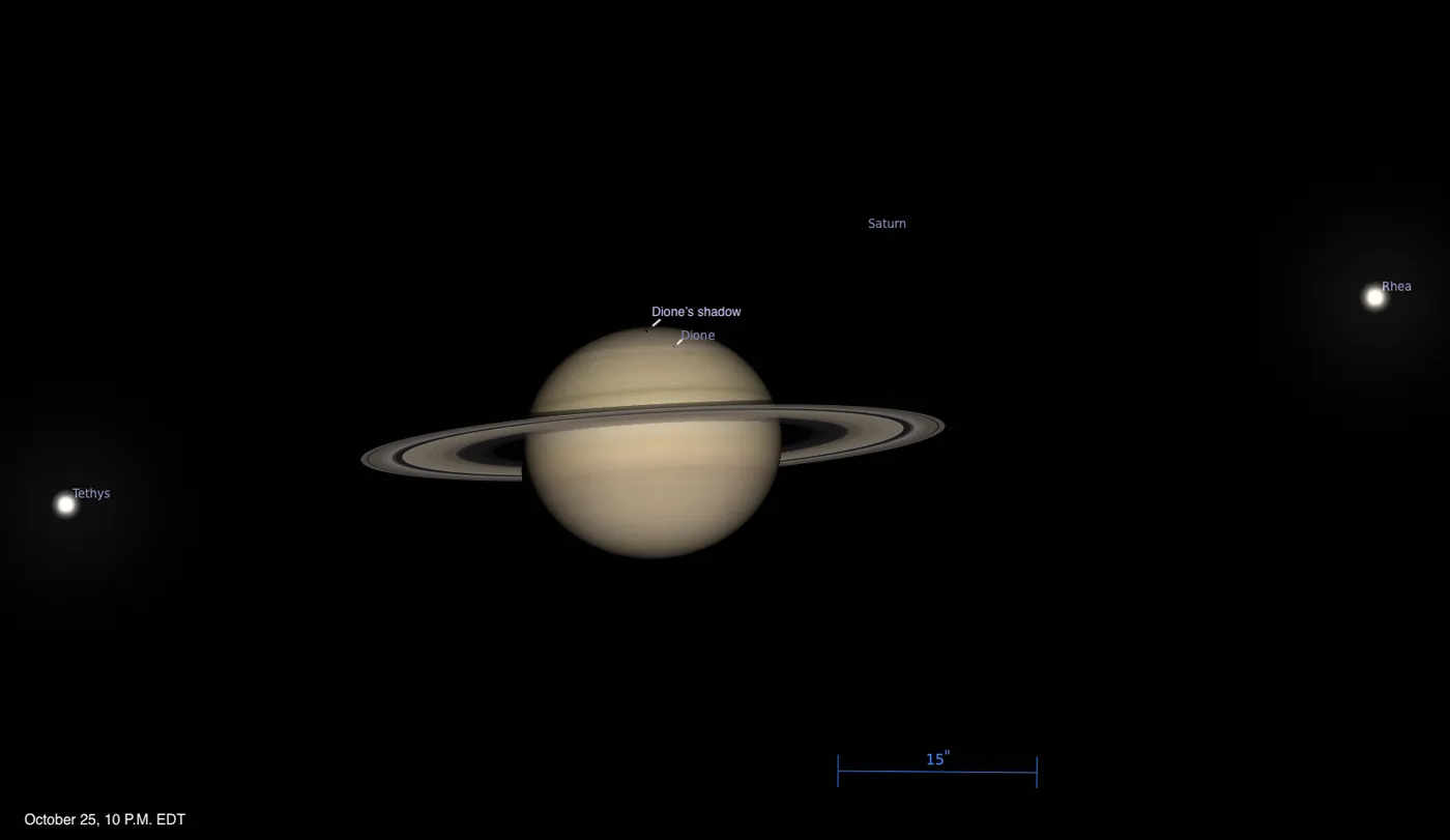 Telescopic simulation of Saturn with Dione transiting the northern hemisphere.
