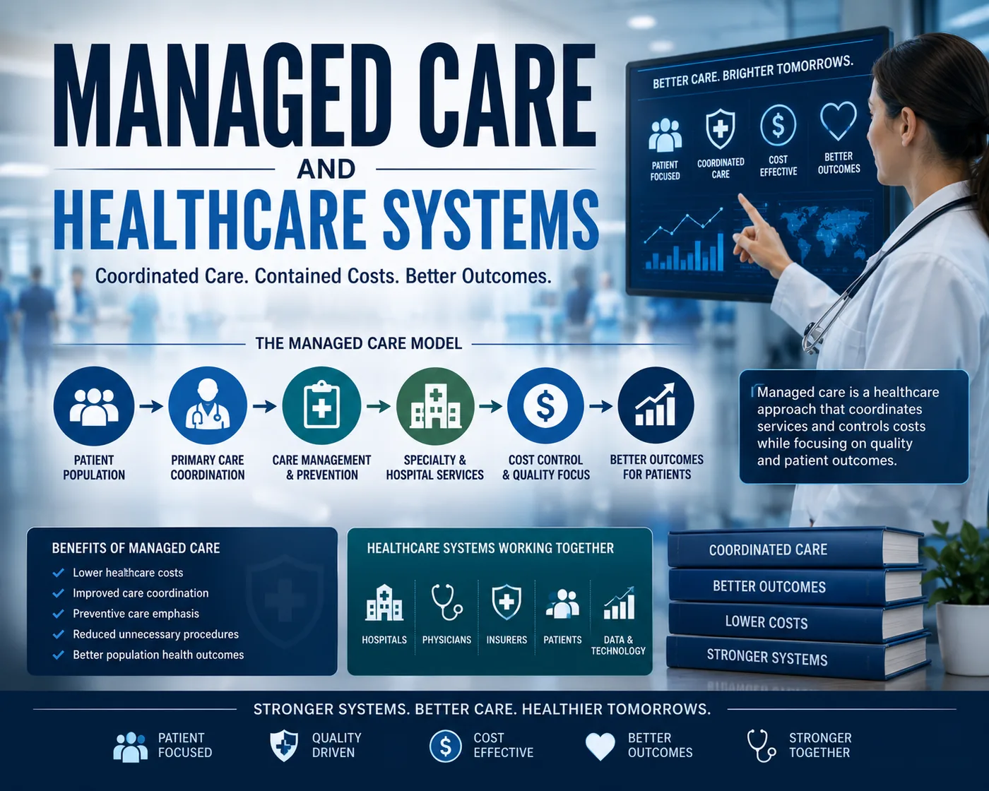 Infographic detailing managed care systems and healthcare administration