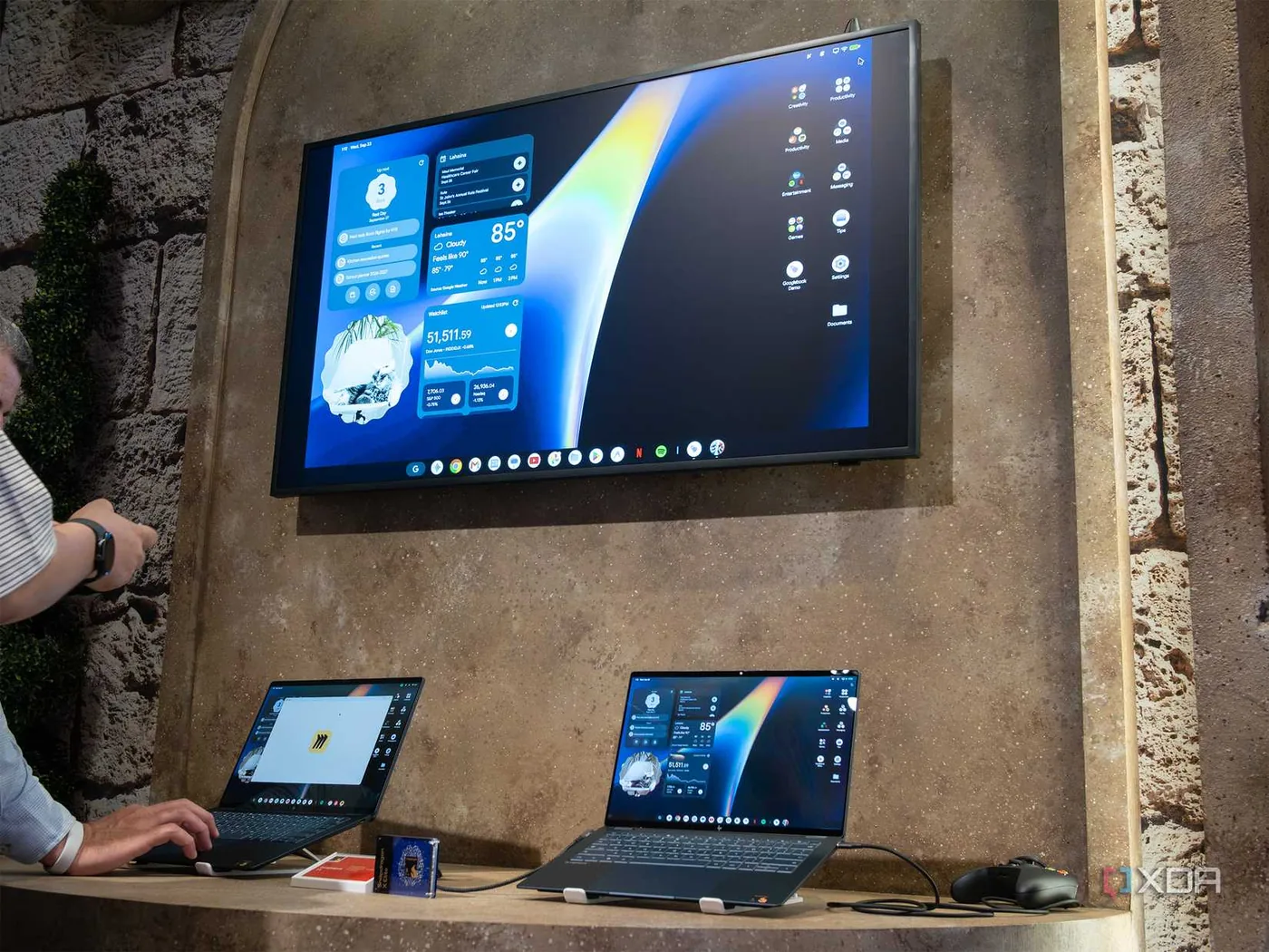 A Googlebook laptop connected to an external desktop monitor.