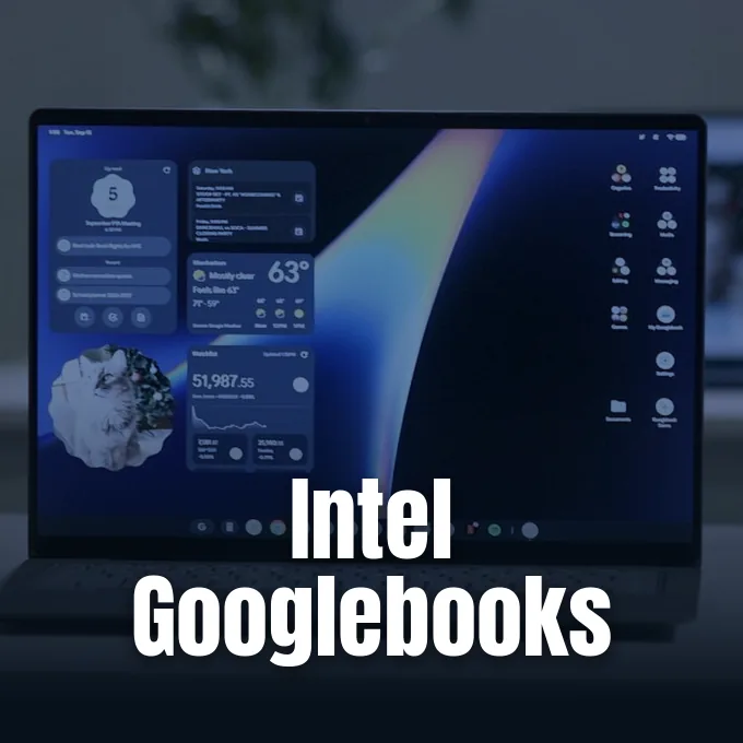 A close-up view of a Googlebook laptop display showing the desktop interface with widgets.