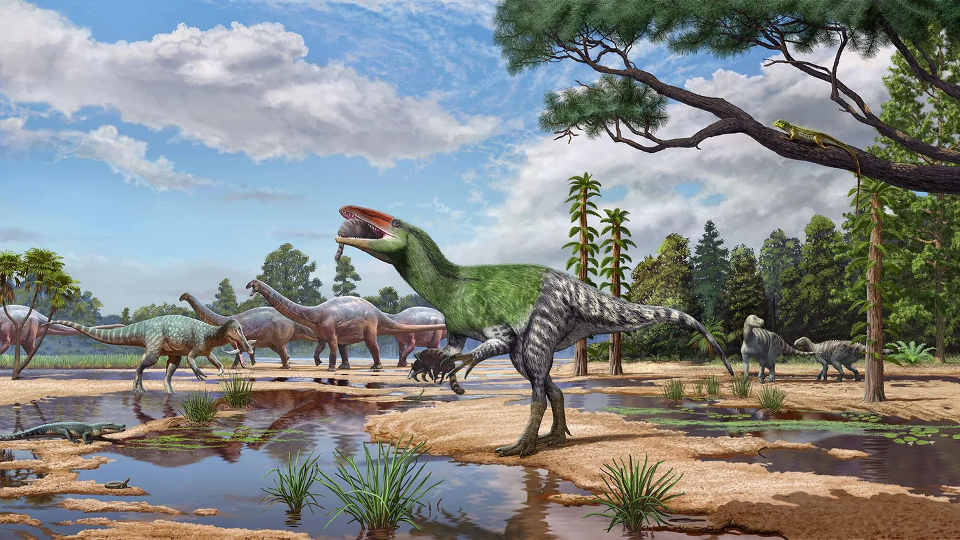 Artist reconstruction of a predatory megaraptor in a prehistoric Cretaceous river floodplain