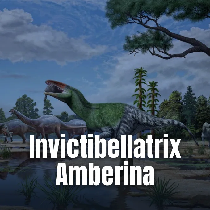 An artistic reconstruction of a megaraptor dinosaur standing in a prehistoric landscape with sauropods.
