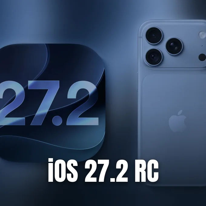 An iPhone back panel showing the camera module next to an iOS 27.2 graphic logo.