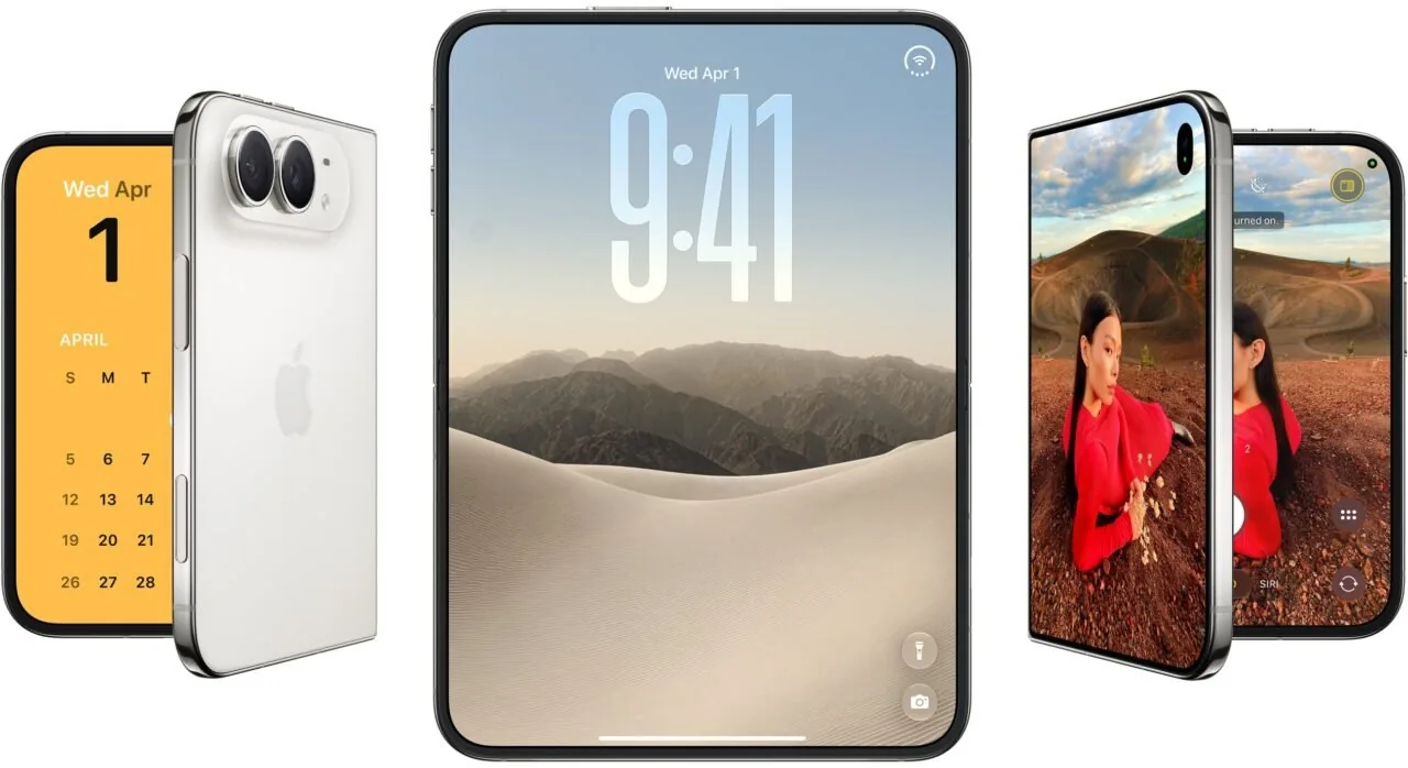 Official design rendering showing three different views of the folding phone.