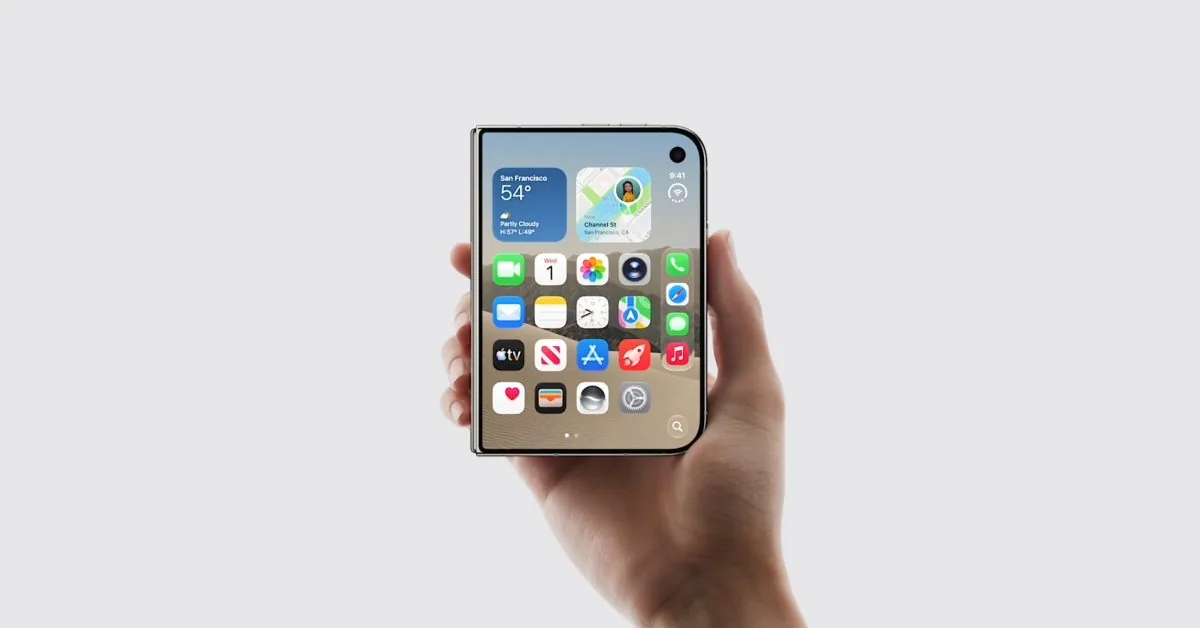 Apple iPhone Duo foldable smartphone held in hand showcasing the outer front screen.