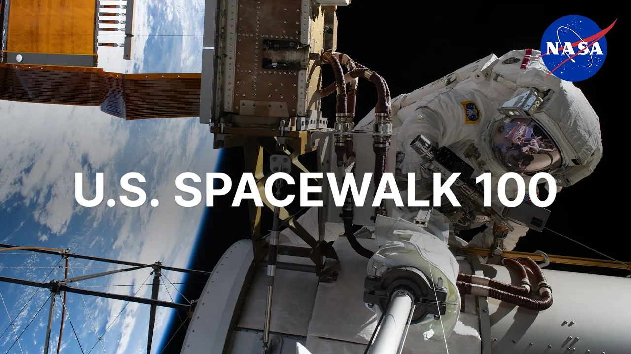 NASA video broadcast title card for the U.S. Spacewalk 100 mission